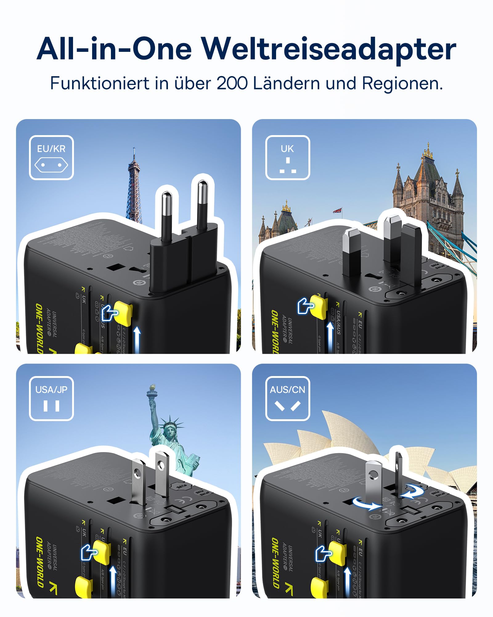 Baseus Enercore 70W Reiseadapter Weltweit mit Ausziehbarem Kabel, Universal Reisestecker mit 2AC+2USB A+USB C, Internationaler Steckdosenadapter, für USA England Japan Thailand Australien 5
