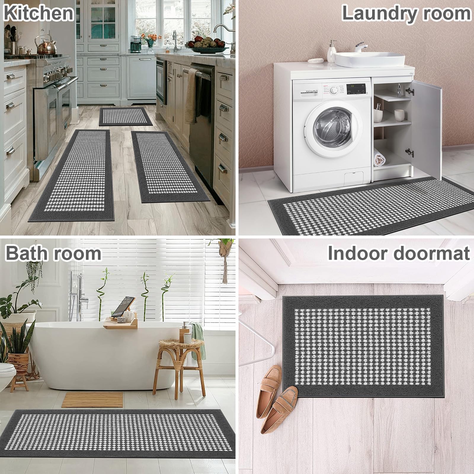 Ileading Kitchen Mat Sets 3 Piece Minimalist 3D Lattice Kitchen Floor Rugs with Non Slip Rubber Backing Machine Washable Farmhouse Runner Rugs for Laundry Hallway Doormat(Dark Gray) - Image 6
