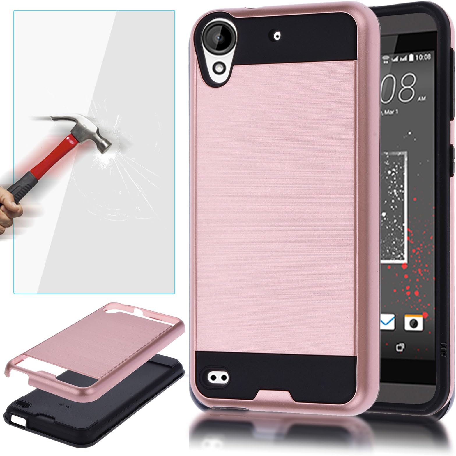 HTC 530 Case,HTC Desire 530 Case,AUU 2Layer Metal Texture Hybrid Full Body Impact Resistant Shockproof Cover Heavy Duty Skin Shell For HTC Desire 530 Rose Gold+ Tempered Glass Screen Protector