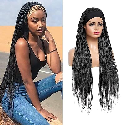ROSEBONY Headband Wig Box Braided Wigs for Black Women Micro Braids Long Wigs Synthetic Heat Resistant Fiber Black Wig