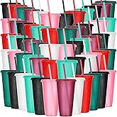 Honeydak 60 Pack Tumbler with Straw and Lid Bulk Glitter Plastic Cups Water Bottle Iced Coffee Travel Mug Reusable Party Favor Cups for Birthdays travel 24-27 oz (Bright Colors)