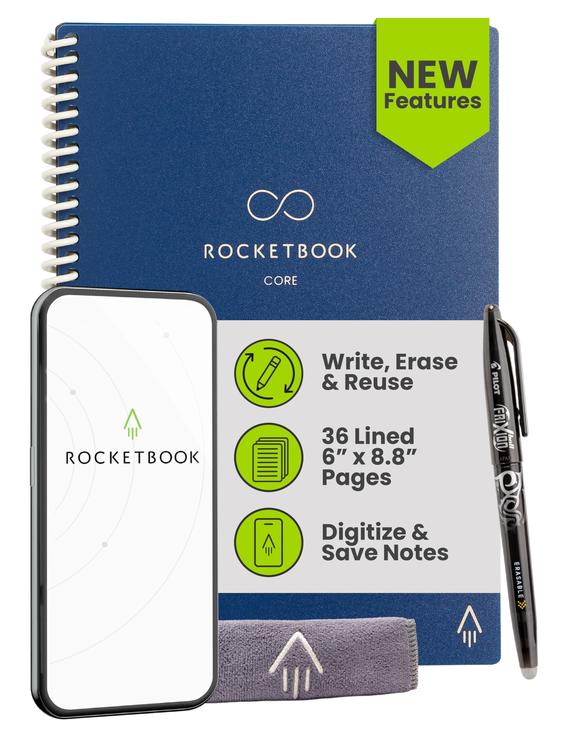 Rocketbook Core Reusable Smart Notebook, Lined Pages For School, Work and Creative Projects, Executive Size 6x8.8, Blue - Premium Image