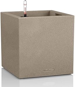 Lechuza Canto Stone 40 Low Self Watering Planter Large Garden Flower Plant Pot Indoor/Outdoor Floor Planter with Drainage Hole and Plant Substrate Poly Resin H40 L40 W40 cm Sand Beige