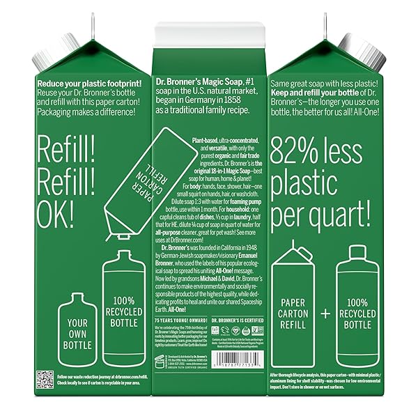 DR. BRONNER’S – PURE-CASTILE LIQUID SOAP REFILL, 82% LESS PLASTIC PER QUART, MADE WITH ORGANIC OILS, 18-IN-1 USES, FOR FACE, BODY, HAND SOAP REFILL, HAIR, LAUNDRY, PETS & DISHES (32OZ, ALMOND)