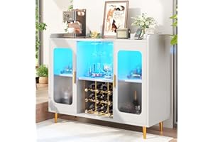 iSunirm Wine Bar Cabinet with Power Outlet, Liquor Cabinet Bar with LED Light and Glass Holder, Home Coffee Bar Cabinet, Buffet Sideboard with Storage Shelf for Kitchen, Dining Room, White