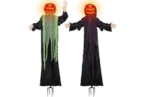 yosager Halloween Decor Outdoor, 2 Pack 6ft Lighted Standing Ghost Pumpkin Men with Bendable Arms and Stake, Battery Operated for Haunted Hill Farm House Props Theme Park Party Decorations