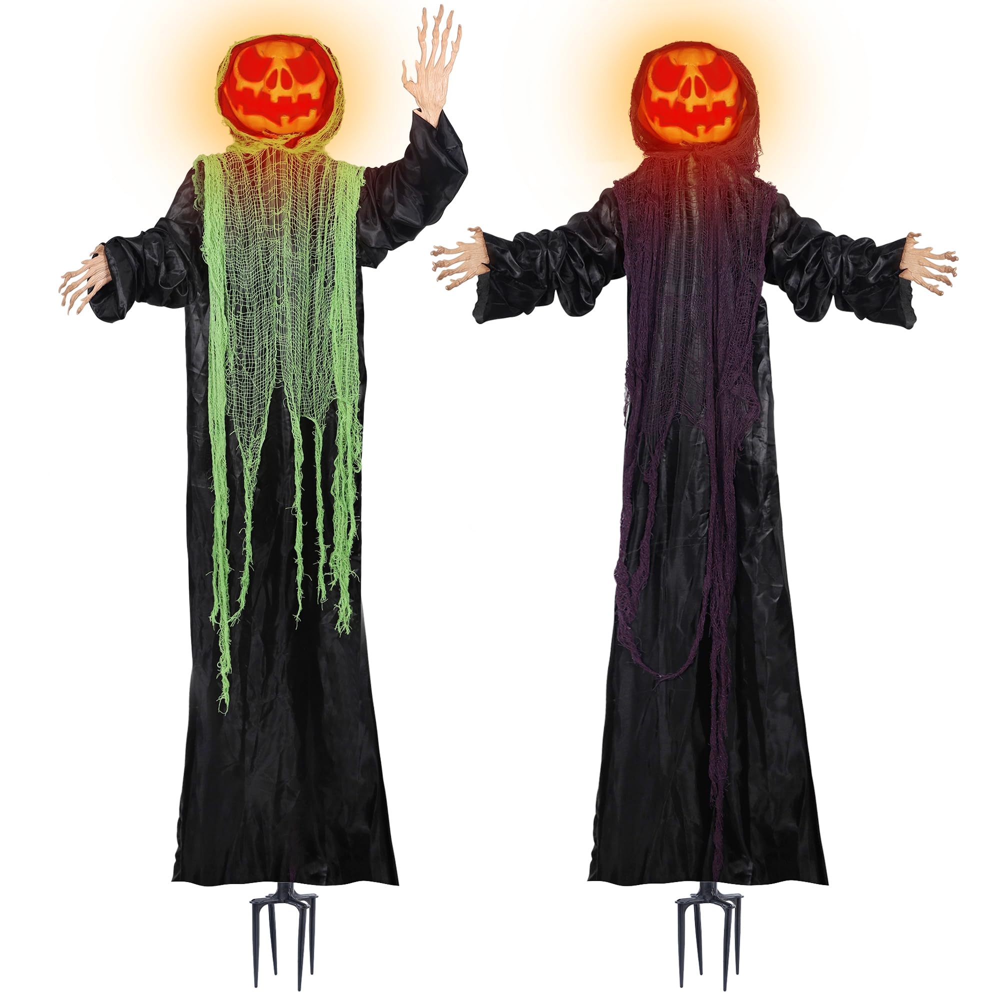 Photo 1 of yosager Halloween Decor Outdoor, 2 Pack 6ft Lighted Standing Ghost Pumpkin Men with Bendable Arms and Stake, Battery Operated for Haunted Hill Farm House Props Theme Park Party Decorations