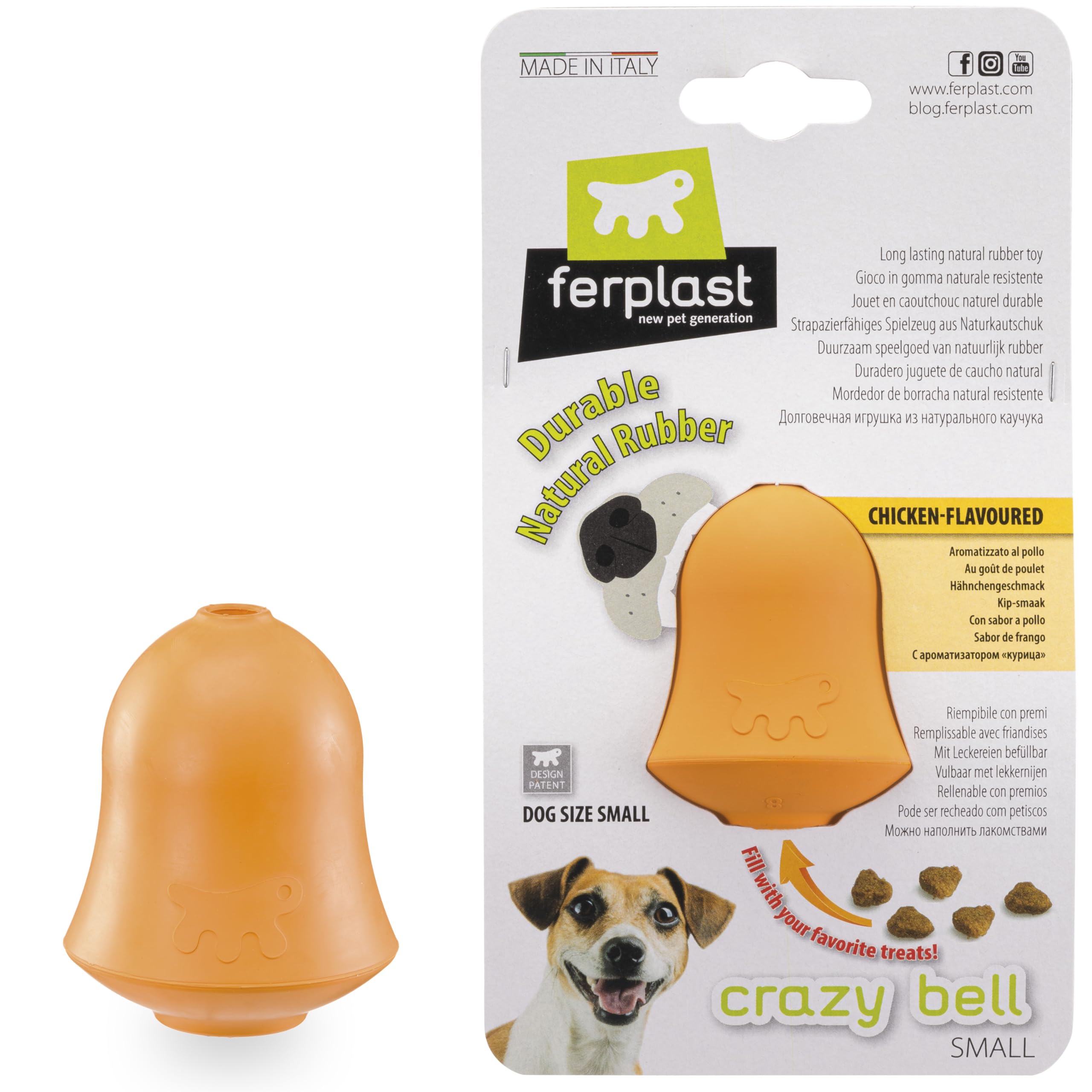 Ferplast CRAZY BELL Dog Toy - Refillable Dispenser for Extended Training - Chicken Flavored for Chewing - Irregular Bouncing - Ultra Durable Natural Rubber - for Small Dogs, Size S