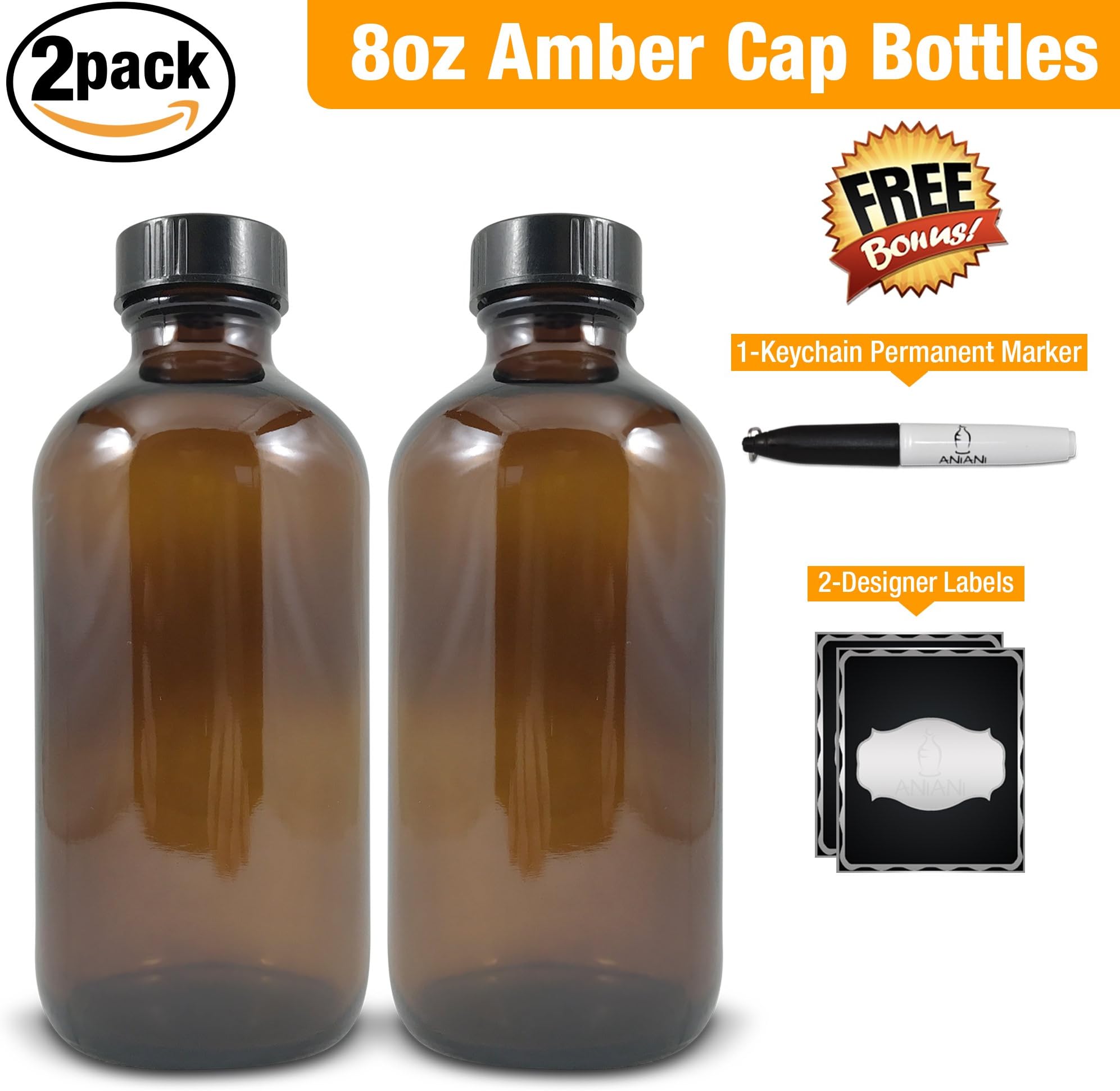 Empty Amber Glass Bottle-Medium 8 oz Refillable Container for Storing Chemicals, Shampoo, Conditioners, Soaps, Cleaning Products, Essential Oils, and Aromatherapy-Black Caps-2 Pack Bonus Free Extras