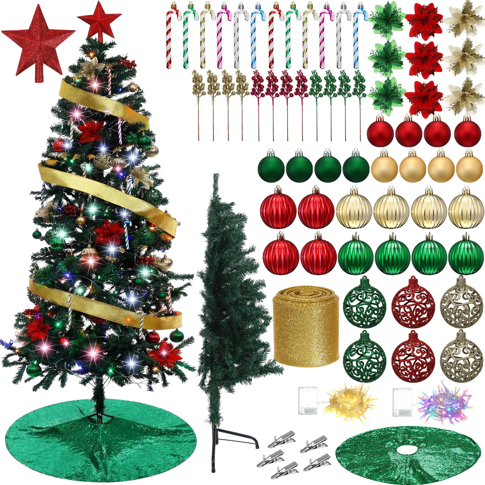 Photo 1 of Lunmon 70 PCS 7 FT Half Christmas Tree with Lights and Ornaments for Wall Corner Artificial Half Xmas Tree with 200 LED Lights 500 Branches Balls Skirt Berry Stems for Holiday Decoration(Green Color)