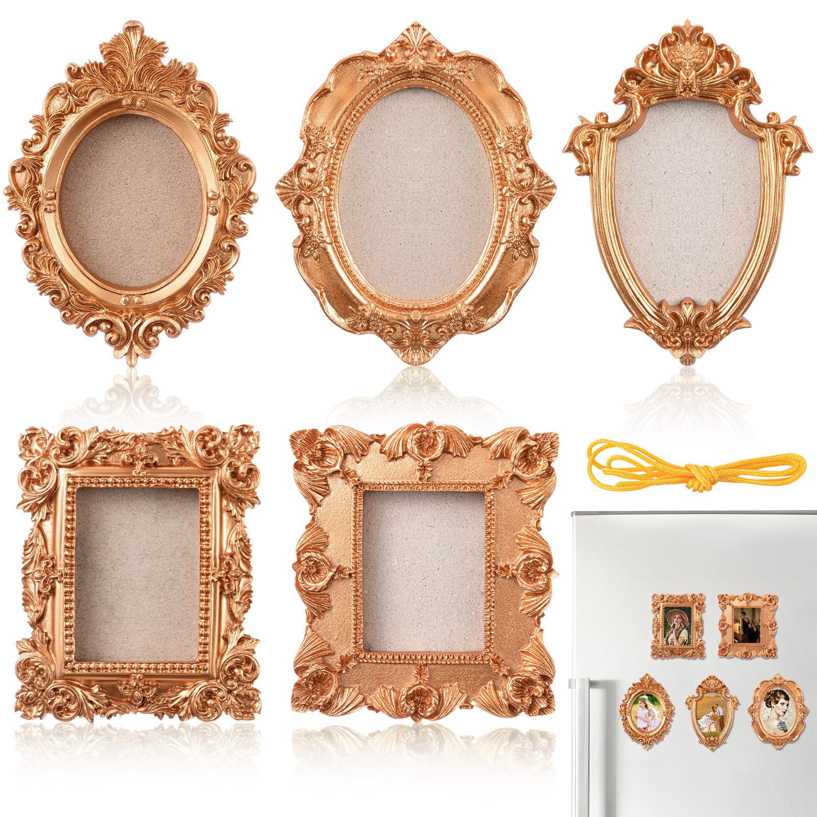 Photo 1 of Leinuosen 5 Pcs Refrigerator Mini Frames Magnetic Vintage Picture Display with Back Small Antique Picture Frames with Hooks and Rope Refrigerator Magnets Photo Display Christmas Decor(Golden)