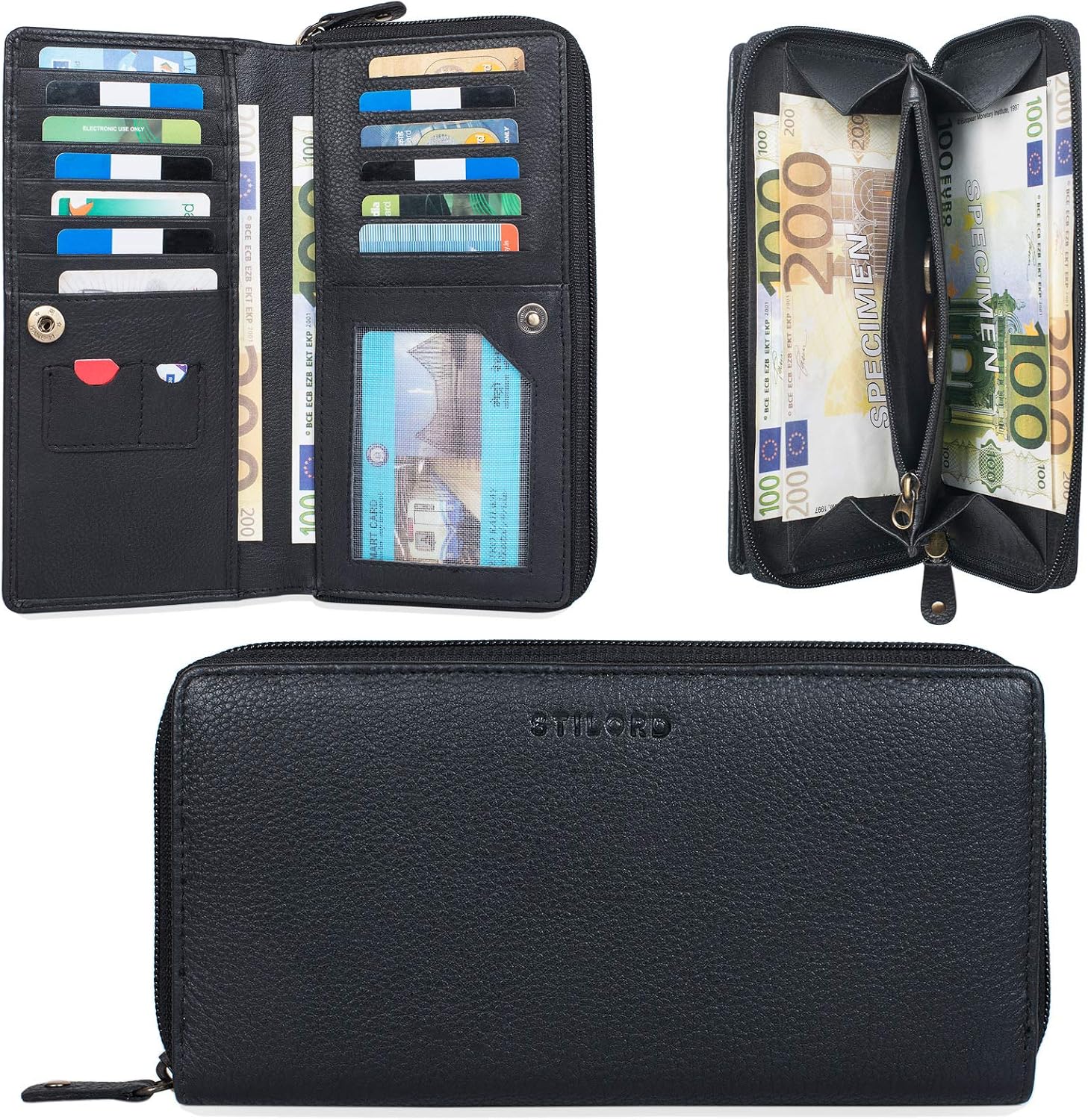 STILORD "Dana" Leather Coin Purse for Women Vintage Large with Zip Fastening RFID Blocker Wallet for Passport Notes Money Credit Card Purse in Genuine Leather Colour:Black - Image 4