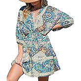 Quatrefox Women Casual Boho Sundress Summer Floral Print Dress 3/4 Sleeves Paisley Beach Dresses for Women