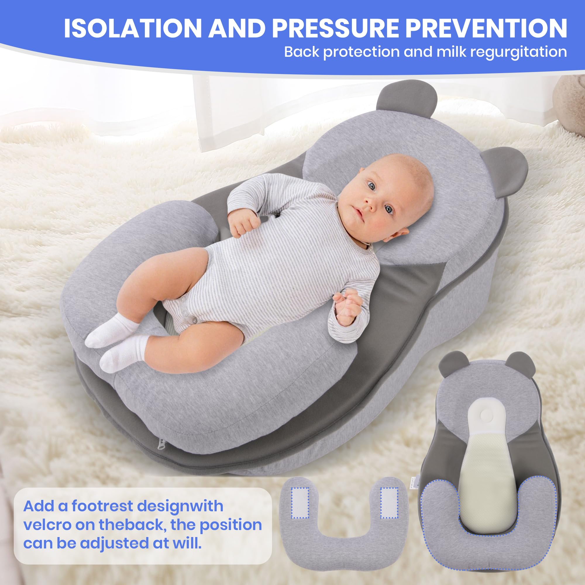 Baby Feeding Pillow, Anti Overflow Feeding Pillow for Reducing Spit-Up, Safety Nursing Pillow, Baby Lounger Reflux Wedge Breastfeeding, Removable top and Bottom