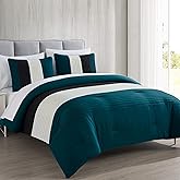 Chezmoi Collection Briar 7-Piece Queen Bed in a Bag - All Season Lightweight Microfiber Comforter Set - Includes Sheets & Shams - Teal/Black/White Pleated Stripe Design