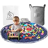 Portable Toy Storage Basket & Play Mat with Pocket Label - 9.3 Gallon Toy Organizer - Leather Handles, 60" Playmat - Toy Bag 