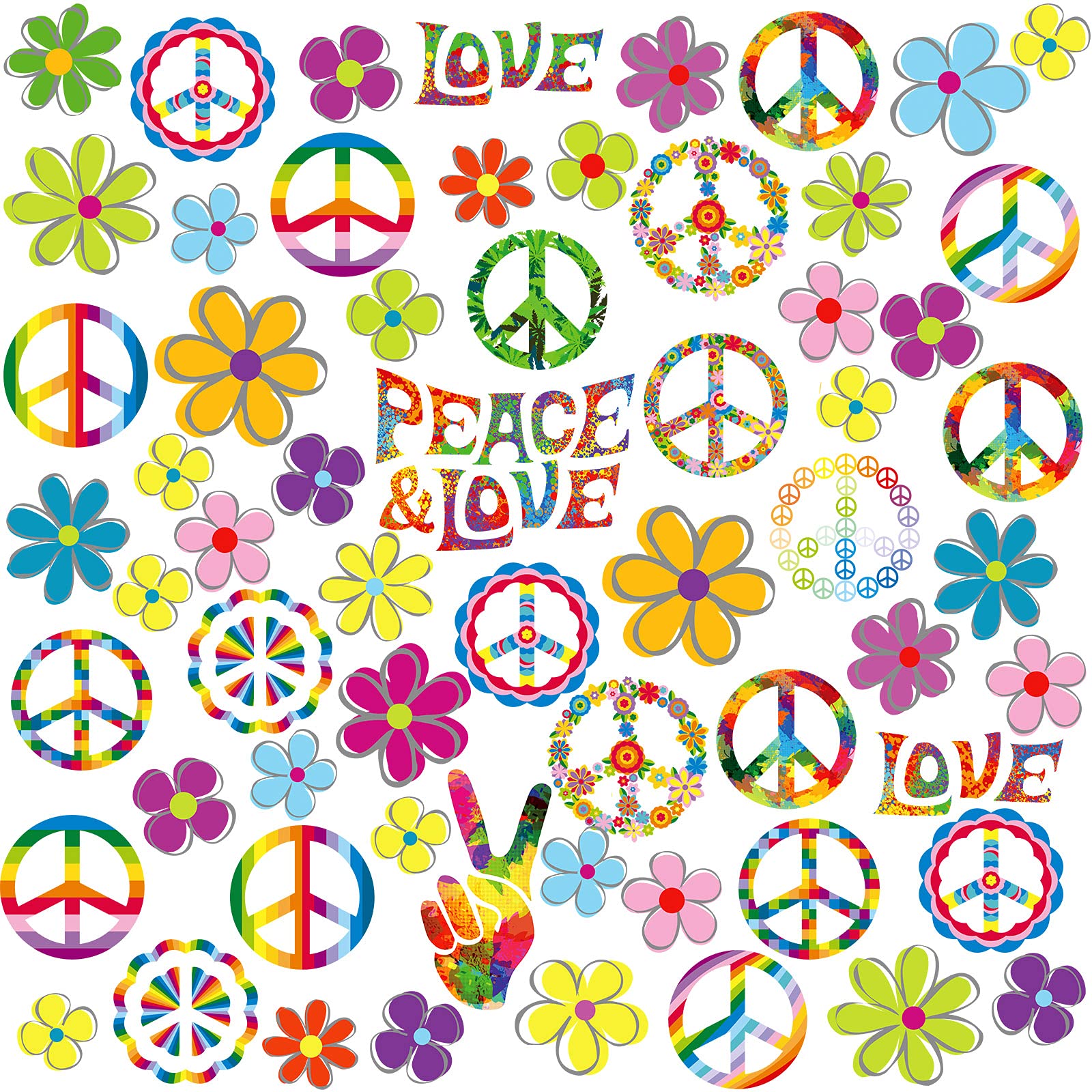 Photo 1 of 108 Pieces 60's Party Groovy Hippie Theme Decoration Car Sticker Retro Flower Colorful Peace Sign Decal Art for Home Laptop Luggage Multicolored
