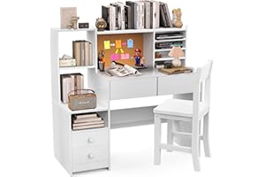 RUPOLX White Kids Desk and Chair Set for 5-12 Year Old, Childrens Computer Desk with 4 Drawers, Kids Study Table with Storage Shelf