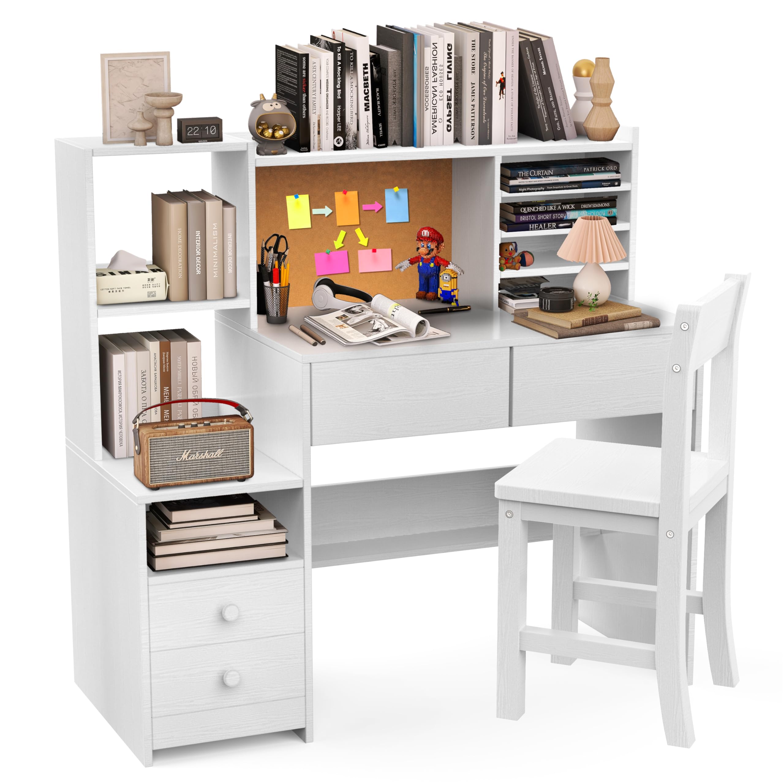 Photo 1 of RUPOLX Childrens Computer Desk with 4 Drawers, Kids Study Table with Storage Shelf,White Kids Desk and Chair Set for 5-12 Year Old-sekK7npI