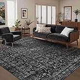 Rugxara 5x7 Area Rugs for Living Room Bedroom, Washable Rug, Black Vintage Floral Boho Rug, Non Slip & Low Pile Faux Wool Thin Carpet for Indoor Dining Room and Kids Room(Black 5x7ft)