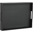 HofferRuffer Rectangle Serving Tray with Hole Handles for Coffee Table, Breakfast, Tea, Food, Butler - Countertop, Kitchen, Vanity Serve Tray, 16.2 x 12.2 x 2 inches, Faux Leather Tray (Black)