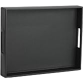 HofferRuffer Rectangle Serving Tray with Hole Handles for Coffee Table, Breakfast, Tea, Food, Butler - Countertop, Kitchen, Vanity Serve Tray, 16.2 x 12.2 x 2 inches, Faux Leather Tray (Black)
