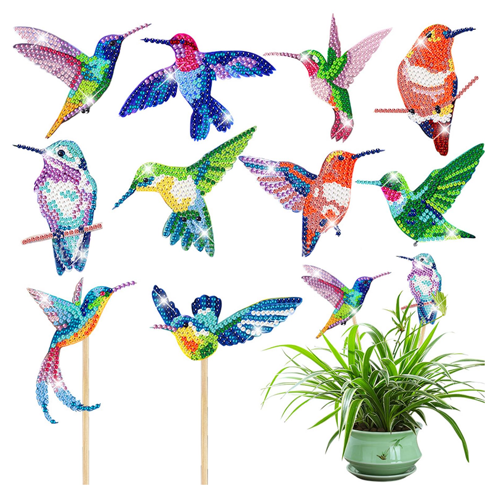 NICENEEDED 10 PCS Hummingbird Diamond House Garden Decor Kits, Birds Diamond Art Garden Stake, Hummingbird Crafts Diamond Art Accessories for Indoor Outdoor Garden Yard Decoration