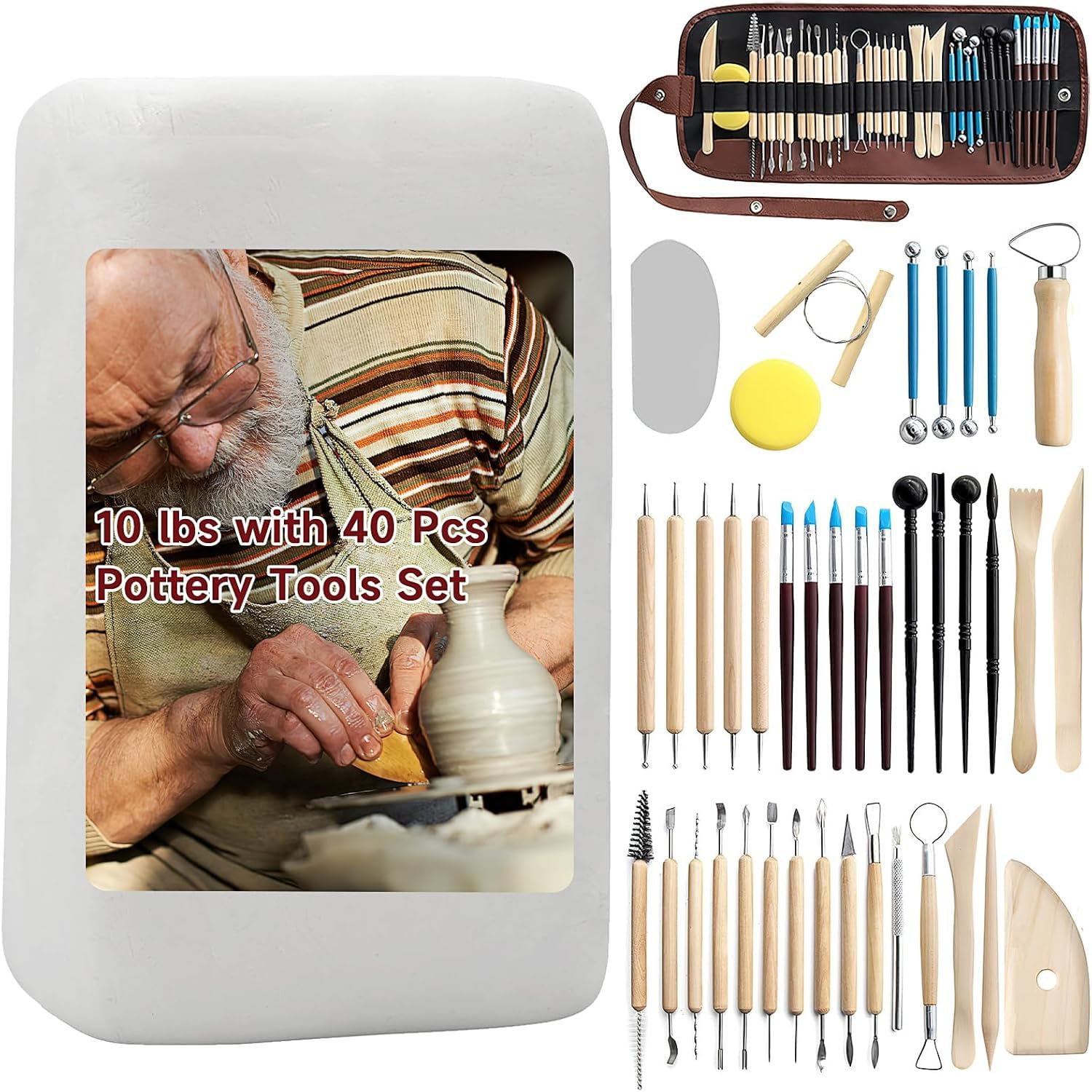 Natural Air Dry Clay Kit, 4.5 kg/10 LBs White Pottery Clay for Adults with 40 Pcs Pottery Tools & Storage Bag, Modeling Clay Sculpting Tool Set for DIY Hand Making Modeling Clay Craft Ceramics Project