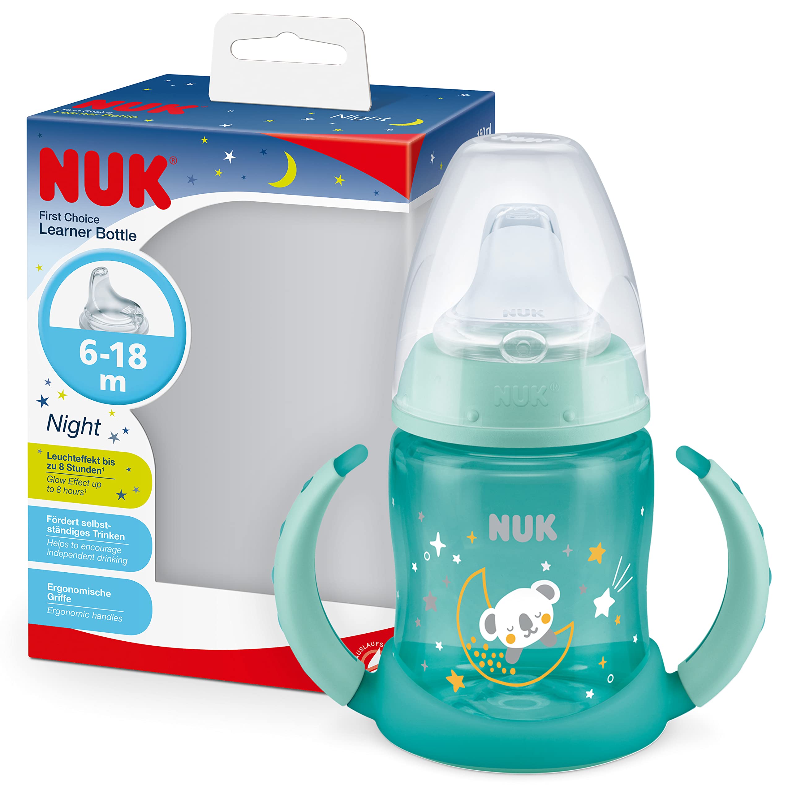 NUK First Choice Sippy Cup Night | 6-18 Months | 150 ml | Glow in the Dark | Handles & Orthodontic Silicone Spout | Leak-Proof | Anti-Colic | BPA-Free | Green