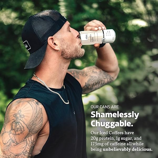 SLATE MILK – HIGH PROTEIN ICED COFFEE – VANILLA LATTE – 175MG CAFFEINE, LACTOSE FREE ENERGY – 20G PROTEIN, 1G SUGAR, 100 CALORIES, 1G NET CARBS, NO SUGAR ADDED – PROTEIN COFFEE – 11 FL OZ, 12 CANS