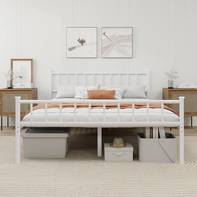 WJORATA Metal Platform Queen Bed Frame with Headboard Sturdy Steel Slats Support No Box Spring Needed Easy Assembly White