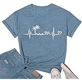 Beach Heartbeat T Shirt for Women Love Heart Graphic Tees Print Shirts Short Sleeve Casual Summer Vacation Tee Tops