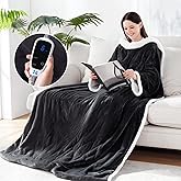 Sealy Electric Blanket Wearable with Foot Pocket, Electric Snuggle Blanket with Sleeves, Flannel & Sherpa Heating Throw with 6 Heat Settings & 2-10 Hours Auto Shut Off, 50 * 70"+18", Dark Grey