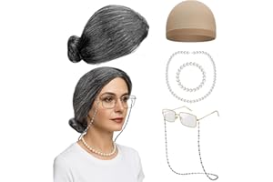 Huskein Old Lady Costume for Women, Grandma Wigs Set, Black White Bun Wig Glasses Wig Cap Pearl Necklace Bracelet Kids Accessories