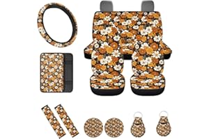 FUIBENG Retro Hippie Flower Seat Covers for Car 12pcs Daisy Sunflower Car Steering Wheel Cover Seatbelt Pads Armrest Pads Floral Coaster Keychain for Most Vehicle Interior Set Decorative