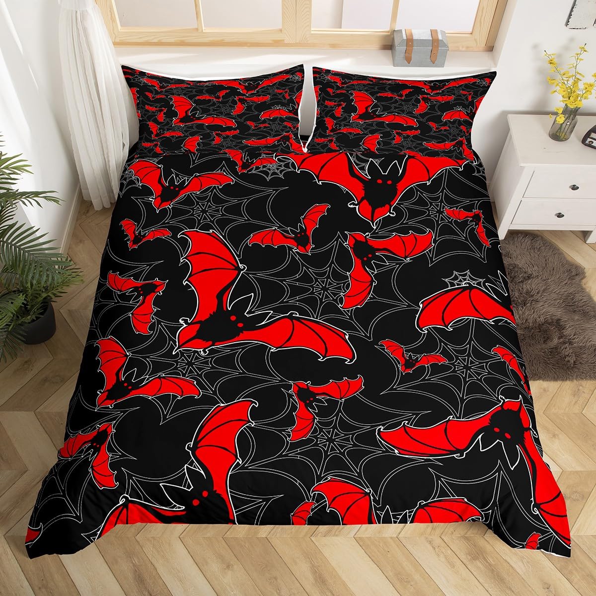 Bat Duvet Cover Set Halloween Bedding Set for Kids Boys Girls Spider Web Comforter Cover Set Microfiber Red Black Bedspread Cover Bedroom Bedclothes Double