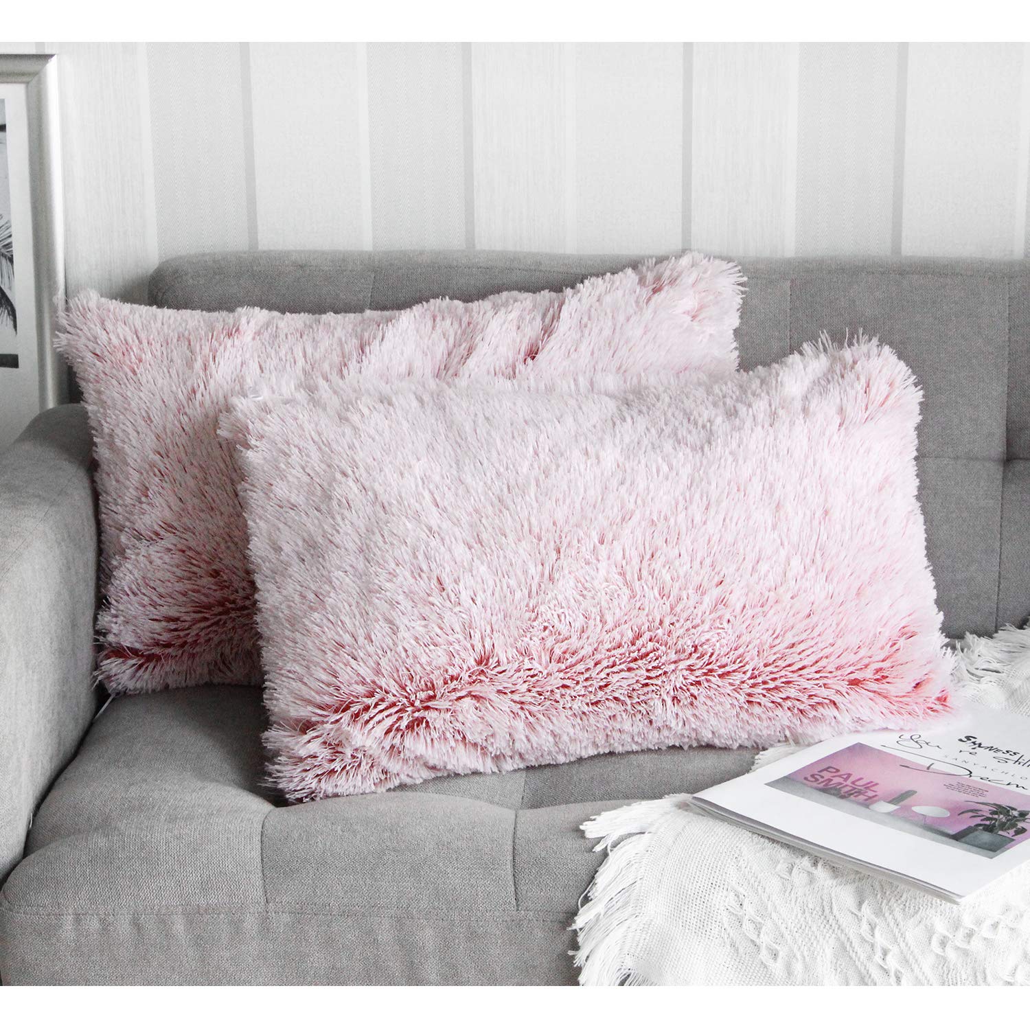 Uhomy 2 Packs Fall Winter Home Decorative Fluffy Plush Pillow Cover 12"x20", Luxury Pink Ombre Super Soft Plush Faux Fur Throw Pillow Cover Pink Ombre Cushion Case for Sofa Bed 30x50 cm