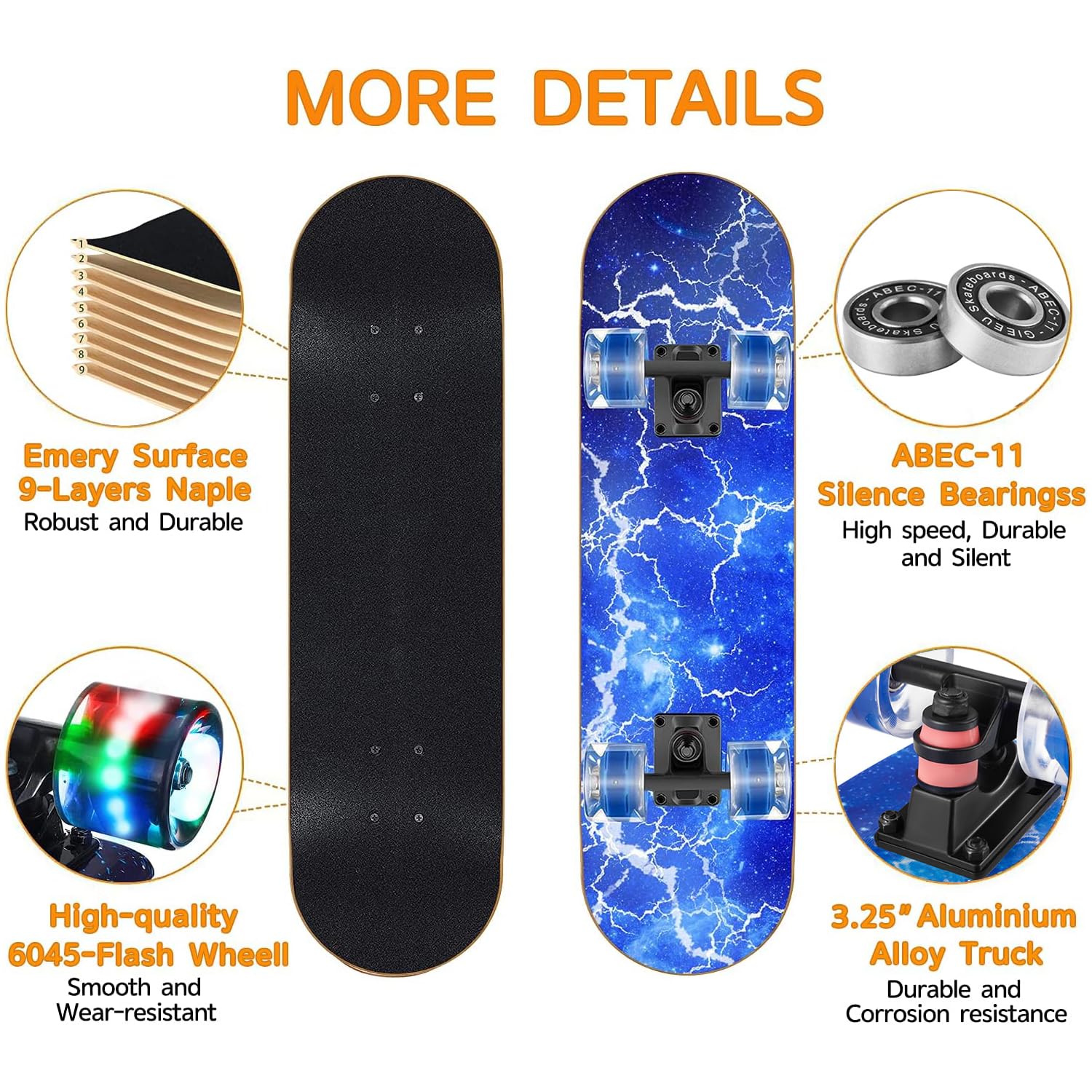 Skateboards with Colorful Flashing Wheels for Beginners,Kids,Teens,Adults, Complete Standard Skate Boards 9 Layer Canadian Maple Deck Concave Skateboard