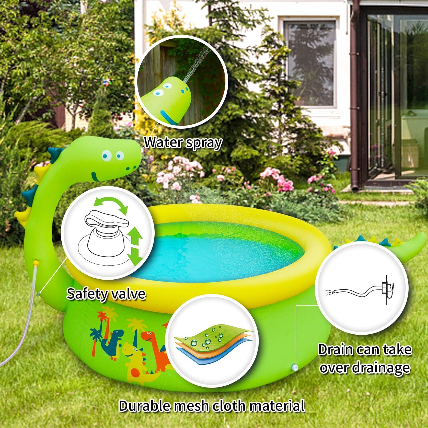 Lunvon Inflatable Swimming Pool for Kids, Dinosaur Pool Sprinkler Water Toys, Size 70" X 25", Kiddie Pool for Age 3+, Upgrade Green: Home & Kitchen