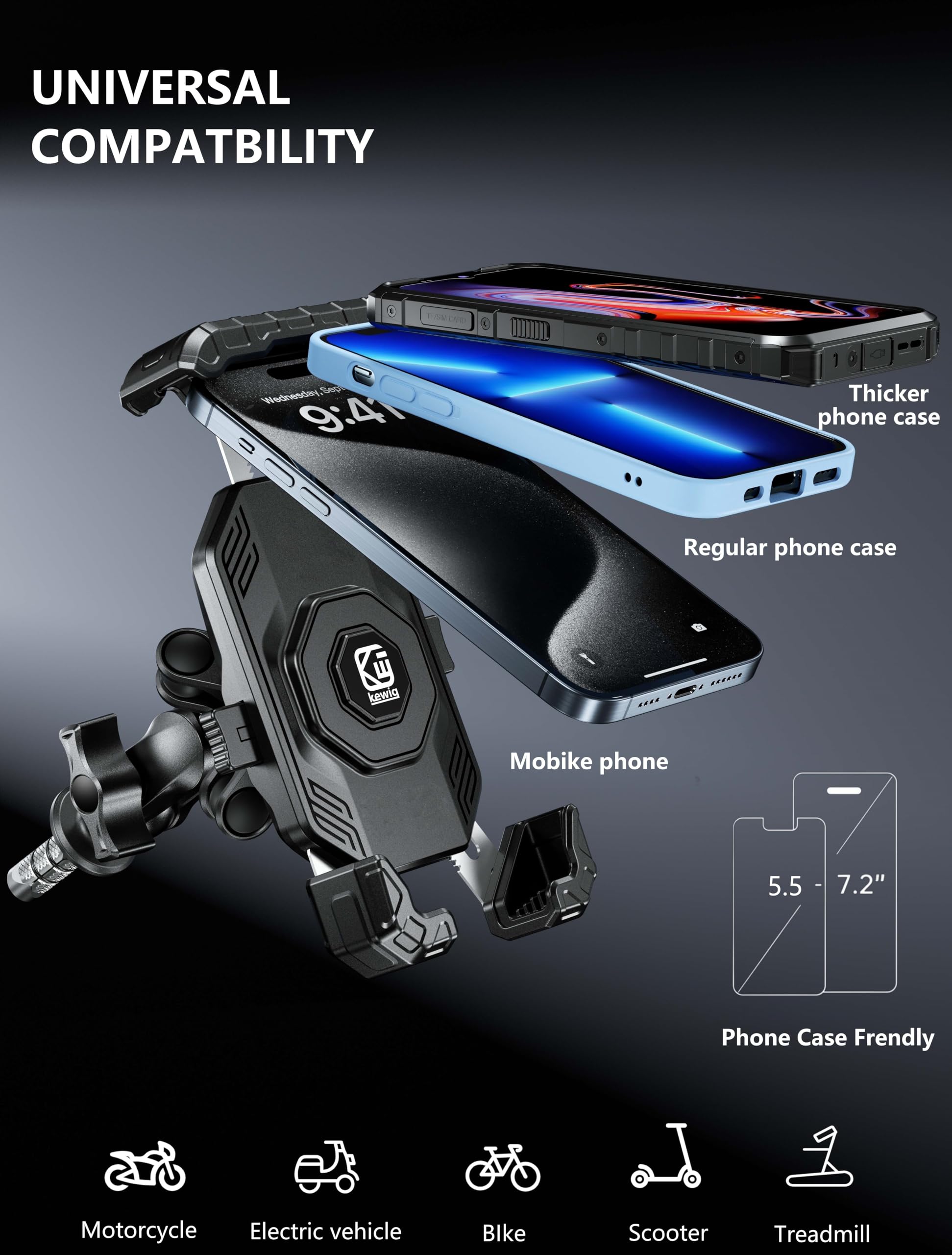 Kewig Motorcycle Fork Stem Phone Mount Holer with Vibration Dampener, [No Scratches Camera] Anti-Theft Motorcycle Cell Phone Holder, Fits for Fork Stem Tubes 12-25.4mm in Diameter, for 5.5-7.2