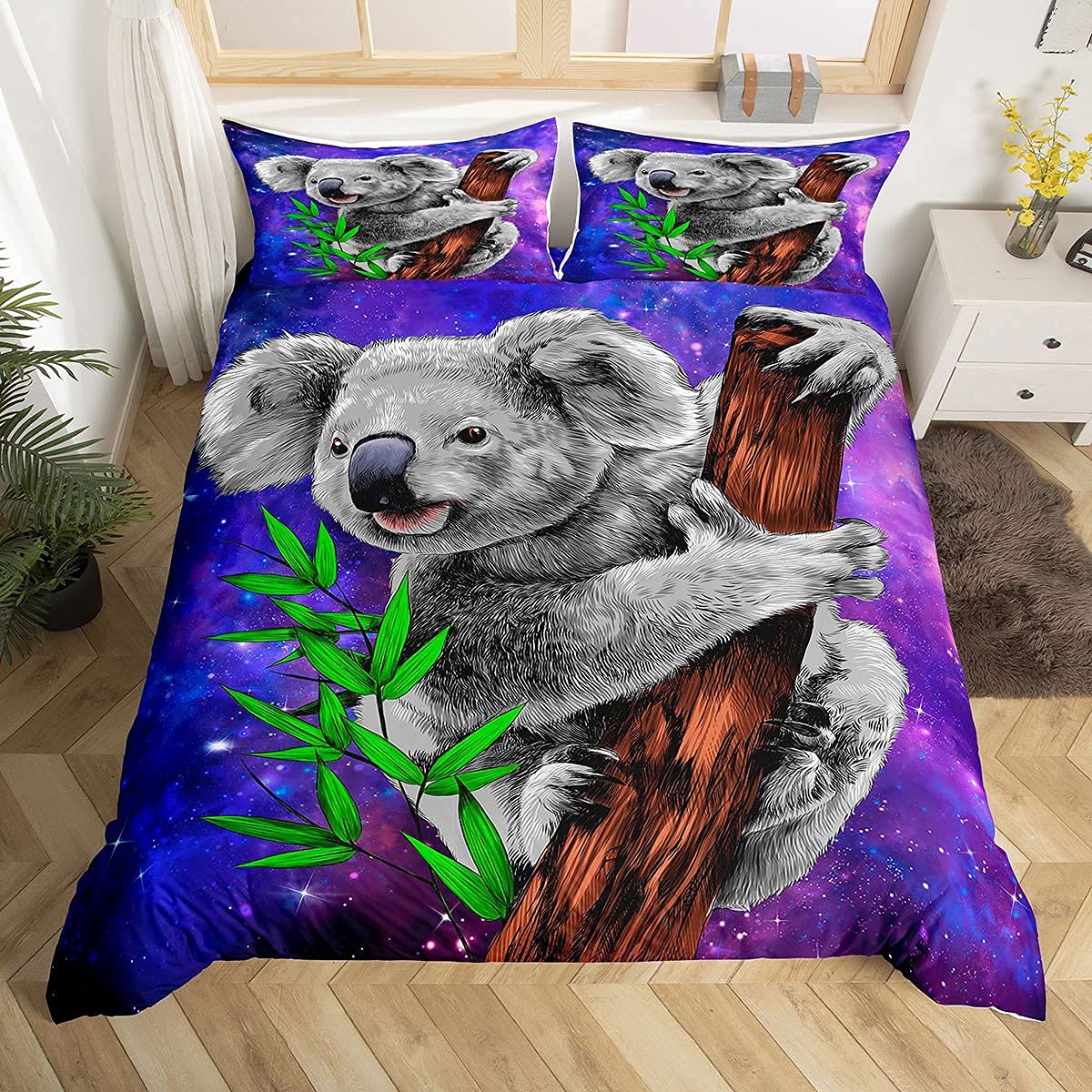 Kids Koala Duvet Cover Single Size Children Cute Cartoon Zoo Animal Pattern Bedding Set for Boys Girls Bedroom Decor Chic Purple Blue Galaxy Wildlife Comforter Cover Soft Microfiber with 1 Pillow Case — image 1