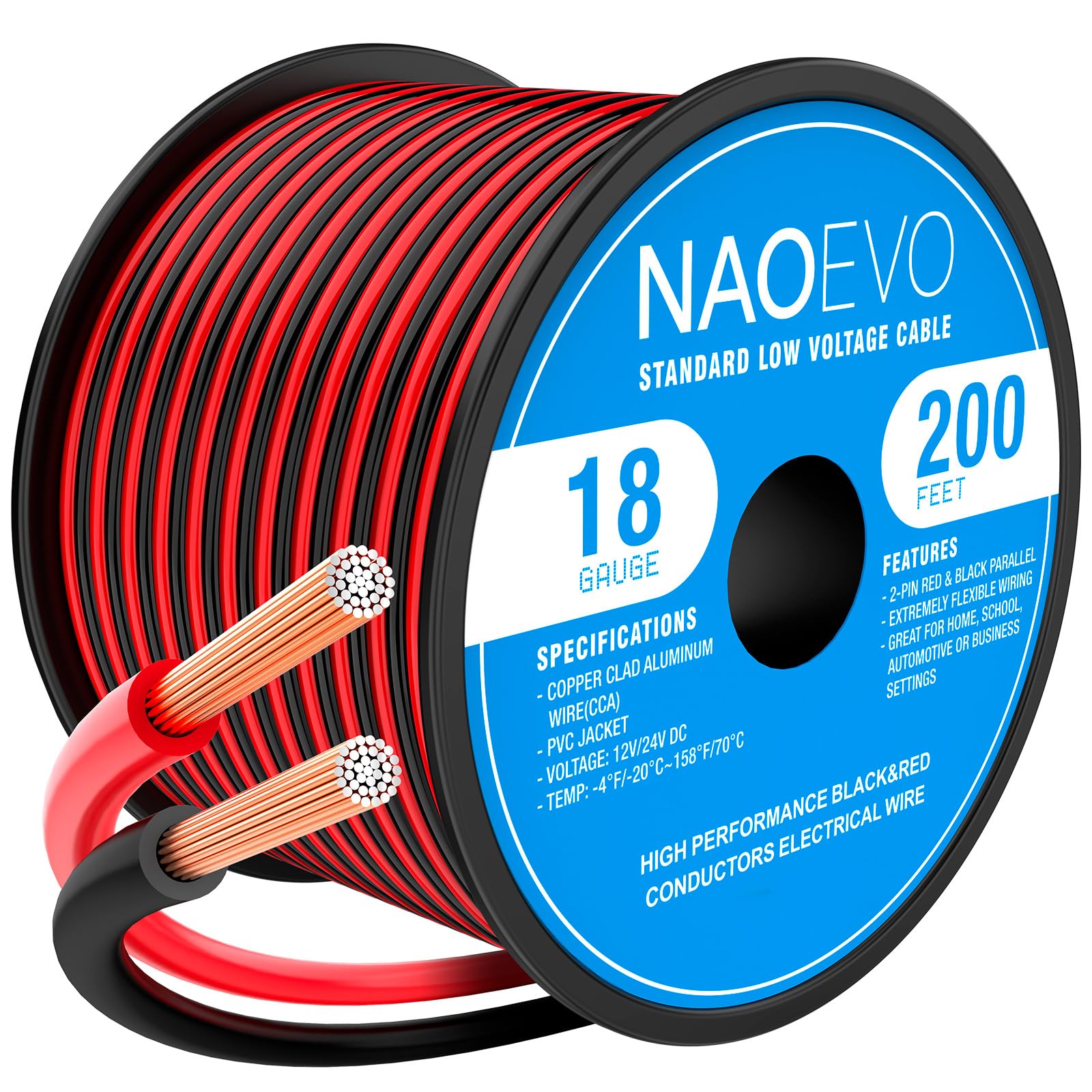 Photo 1 of NAOEVO 18 Gauge Wire 200FT, 2 Conductors Electrical Wire Red Black Cable, Flexible/Low Voltage/PVC 18 AWG Copper Clad Aluminum Extension Cord for Speaker, LED Strips, Automotive 12V/24V DC