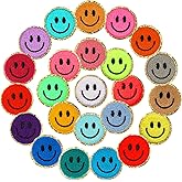 Juinte 24 Pcs Smile Face Patch Iron on Patches 2 Inch Chenille Cute Preppy Happy Face Patches Glitter Heat Sequins Applique for Backpacks Hats Clothes Jackets Decorative DIY Craft
