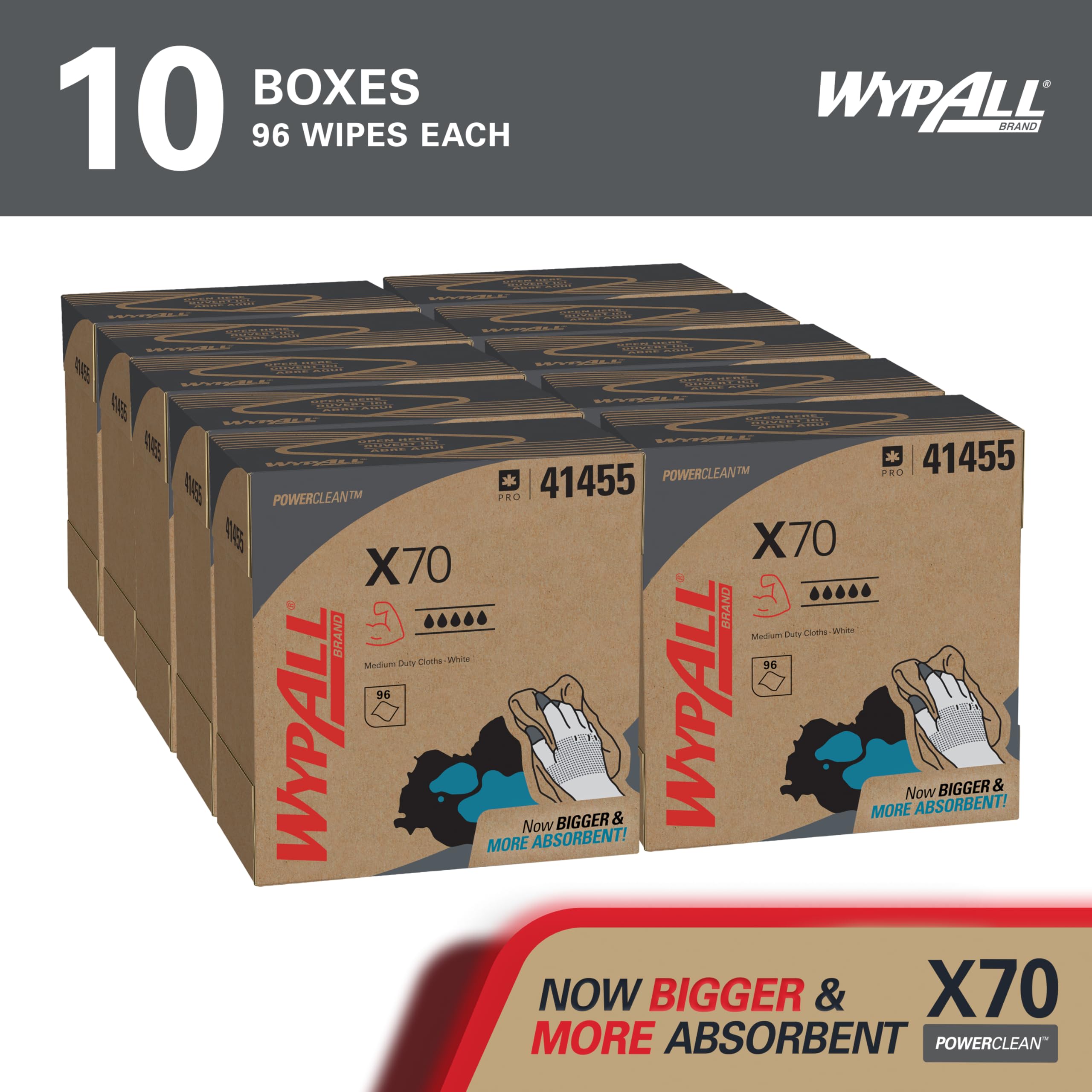 Wypall PowerClean X70 Cloths Medium Duty Wipes (41455), Pop-Up Box, Long Lasting Towels, White (10 Packs of 96 Sheets, 960 Sheet Total)