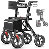 Walkers for Seniors, Rollator Walker with Seat, 10" Big Rubber Wheels All Terrain Rolling Walker, Lightweight Foldable Rollator Walker, Built-in Cable, Reinforced Aluminum Frame, Black