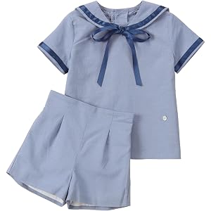 Navy Blue Sailor 2 Piece Sets Baby Boy Clothes with Detachable Collar | Breathable Cotton Linen Blend; Detachable Navy Collar