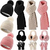 ShinyMatch 12 Pcs Winter Hat Gloves Scarf Earmuff Set Beanie Pompom Fleece Lining Hat Touch Screen Gloves Knitted Scarf