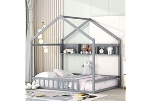 BELLEMAVE House Bed Full Size Floor Bed with Fence Railings, Wooden Montessori Style Bed Frame for Kids, Fun Playhouse Beds for Girls Boys, Gray