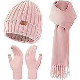 Women Winter Hat Beanie+Long Scarf+Touch Screen Gloves Set, Warm Clothes Set with Knit Fleece Lined for Women/Men Winter