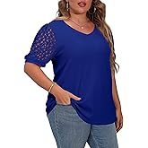 OLRIK Plus Size Tops for Women Summer Blouse Waffle Knit Short Lace Sleeve Shirts